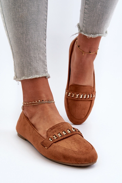 Błyszczące Mokasyny Damskie Z Łańcuchem Camel Aredilla