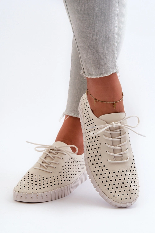 Skórzane Damskie Trampki Z Ażurowym Wzorem Beżowe Ilvima