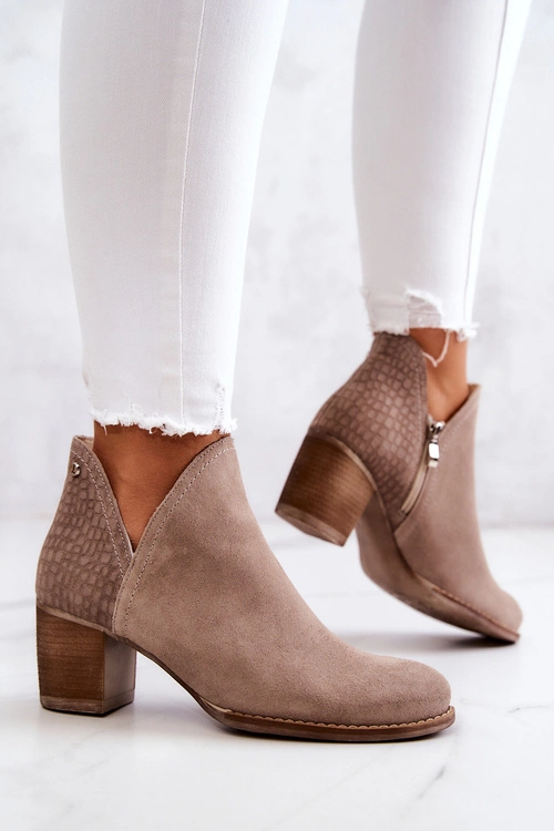 Damskie Skórzane Botki Na Słupku Beżowe Larsa