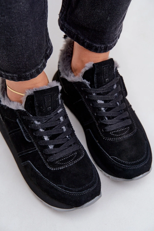 Zamszowe Sneakersy Damskie Z Futerkiem I Błyszczącym Elementem Big Star OO274580 Hi-Poly System Czarne