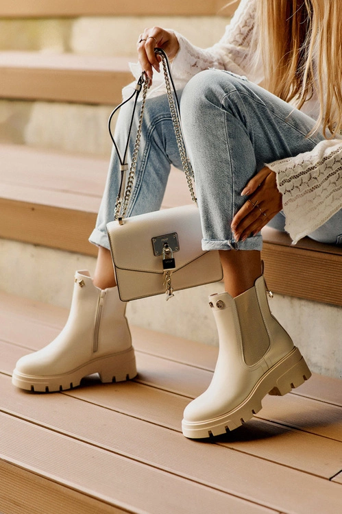 Sztyblety Botki Damskie Skórzane Z Ozdobami Jasnobeżowe Lobb