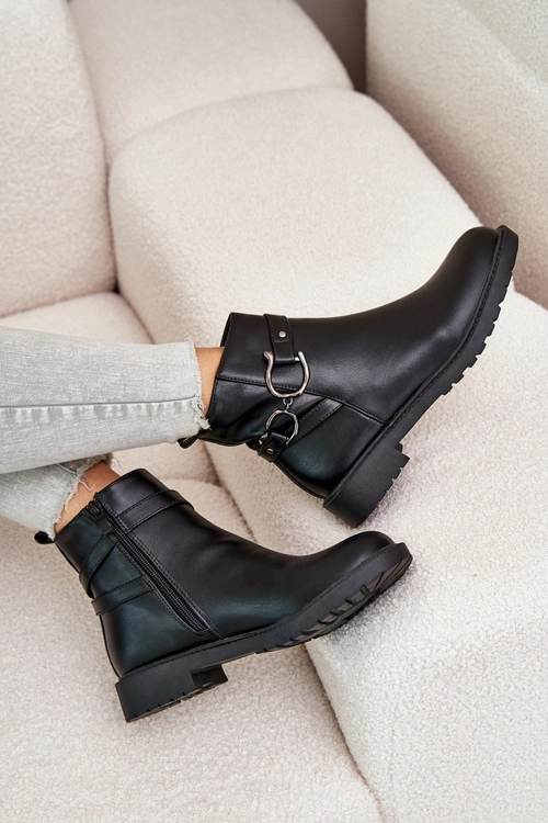 Ocieplane Botki Na Płaskim Obcasie Z Ozdobnym Paskiem Czarne Calzina