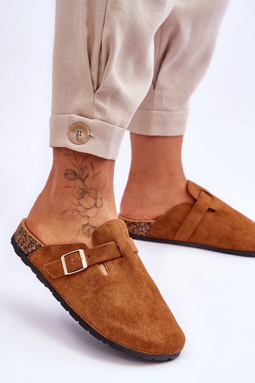 Zamszowe Klapki Na Korkowej Platformie Camel Vellma