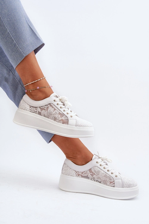 Koronkowe Sneakersy Damskie Na Platformie S.Barski HY51-059 Białe