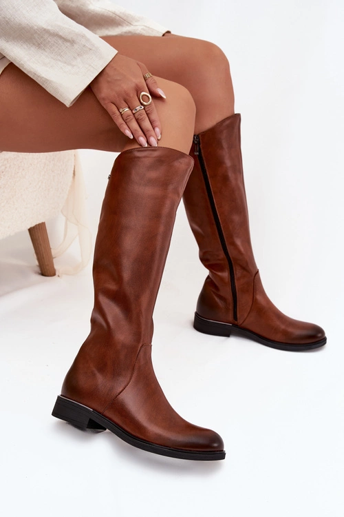 Skórzane Kozaki Damskie Na Płaskim Obcasie Ocieplane Zazoo 70150 Brązowe