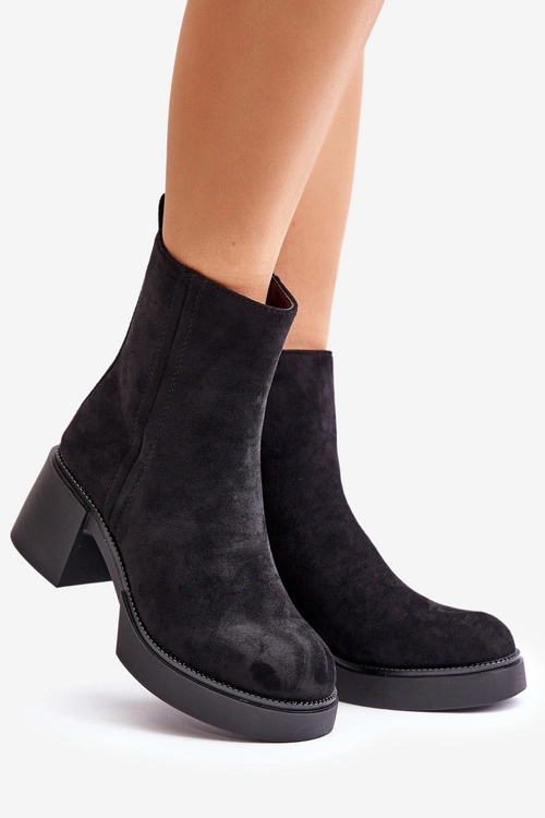 Eko Zamszowe Damskie Botki Na Słupku Ocieplane Czarne Meriluna