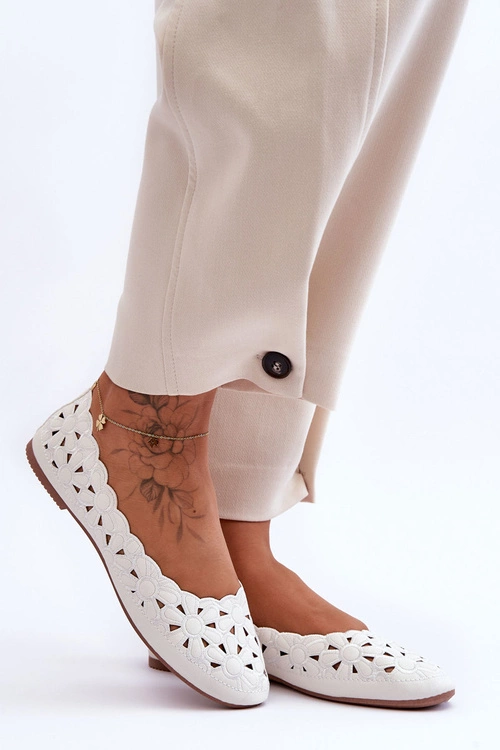 Ażurowe Błyszczące Baleriny Damskie Białe Visionary