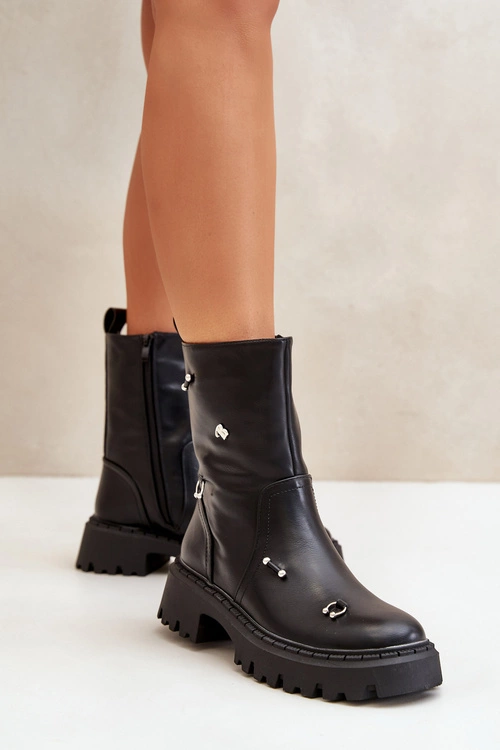 Botki Damskie Eko Skórzane Na Zamek Z Ozdobnymi Detalami Czarne Reritha