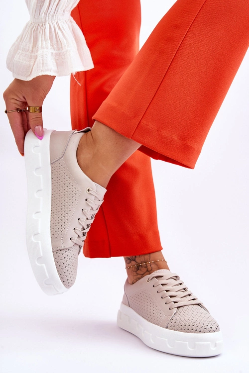 Skórzane Buty Sportowe Na Masywnej Platformie Beżowe Montigo