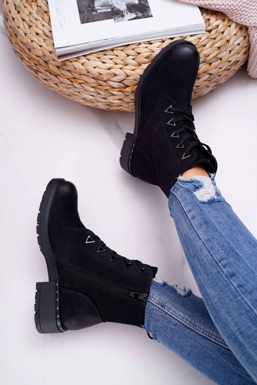 Botki Damskie Płaski Obcas Nubuk Czarne Sergio Leone TR718