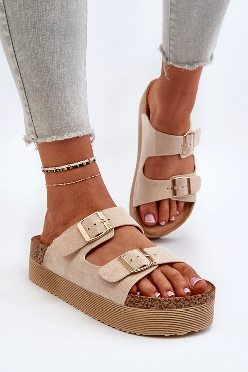 Damskie Klapki Na Platformie Z Klamrami Beżowe Lolpey