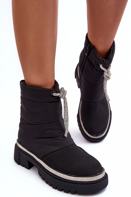 Zdobione Śniegowce Na Płaskim Obcasie Czarne Plotia