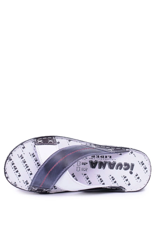 Granatowe Lekkie Skórzane Męskie Klapki Okay