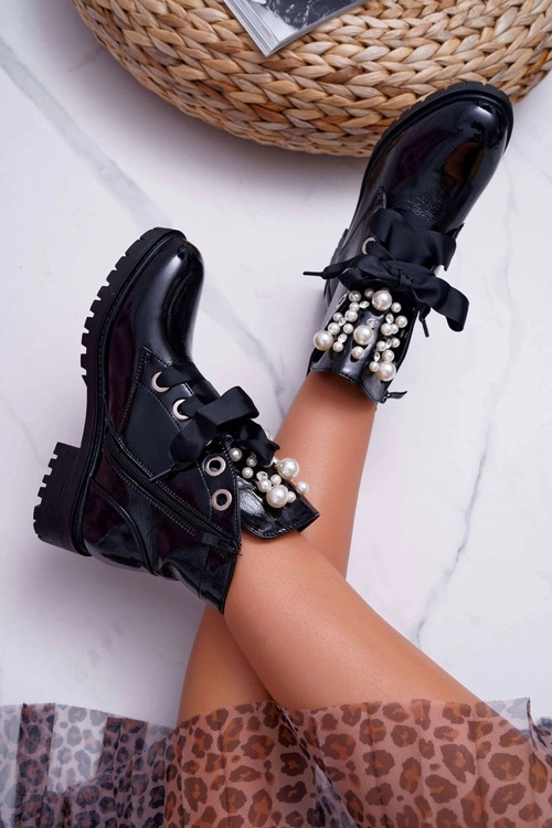 Damskie Botki Z Perełkami Ocieplane Wstążka Sia