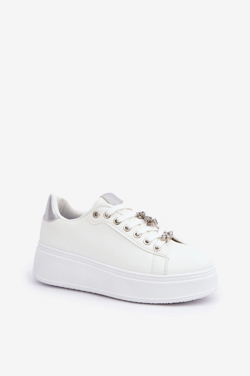 Eko Skórzane Sneakersy Z Przypinkami Biało-Srebrne Enalirae