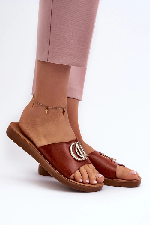 Klapki Damskie Na Płaskiej Podeszwie Z Ozdobą Brązowe Amoonia