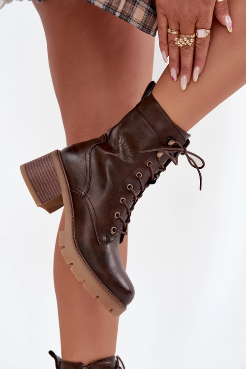 Botki Workery Damskie Na Klocku Ocieplane Vinceza 89136 Brązowe