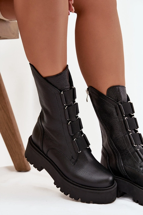 Botki Damskie Z Naturalnej Skóry Na Platformie Zazoo 3795 Czarne