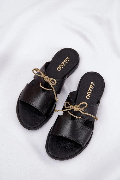 Skórzane Klapki Damskie Na Płaskim Obcasie Zazoo 3022 Czarne