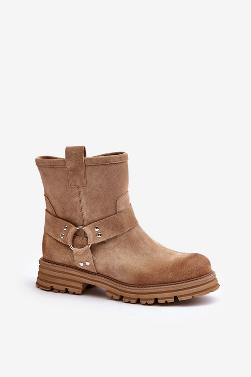 Zamszowe Botki Damskie Na Płaskim Obcasie Lewski 3610 Beżowe