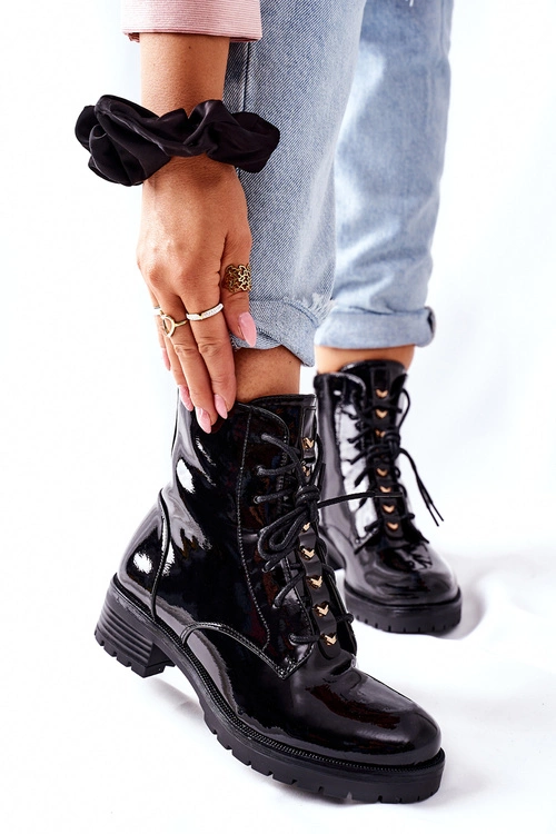 Botki Damskie Workery Lakierowane Czarne Maniana