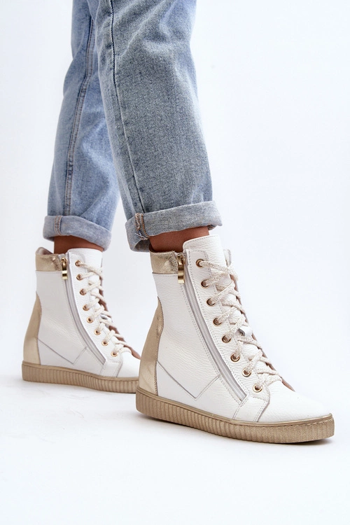 Zazoo 3081 Skórzane Trampki Damskie Na Koturnie Białe