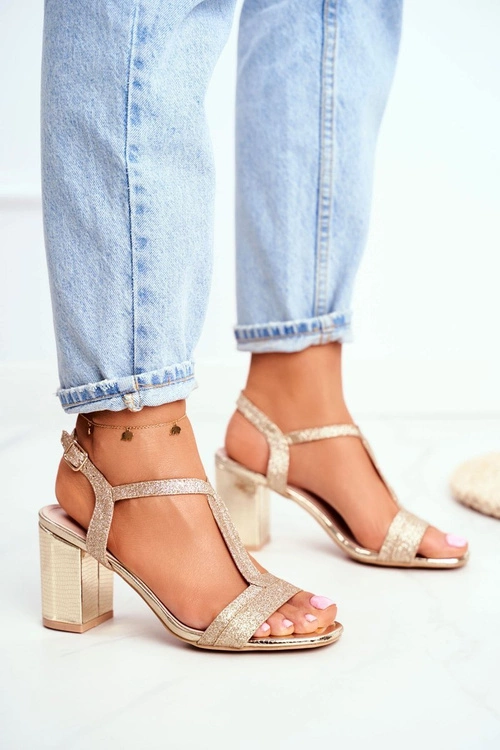 Sandały Damskie Na Słupku Brokatowe Złote Perfecto