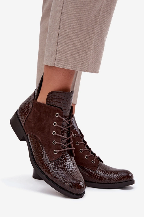 Lakierowane Botki Damskie Z Ozdobnym Tłoczeniem Ocieplane Vinceza 16477 Brązowe