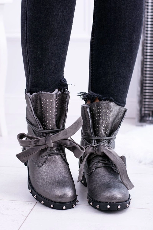 Damskie Botki Ocieplane Z Kolcami i Dżetami Srebrne Neso