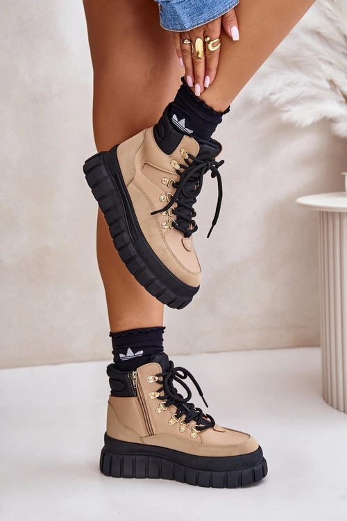 Damskie Ocieplane Botki Trapery Na Platformie Brązowe Jelenia