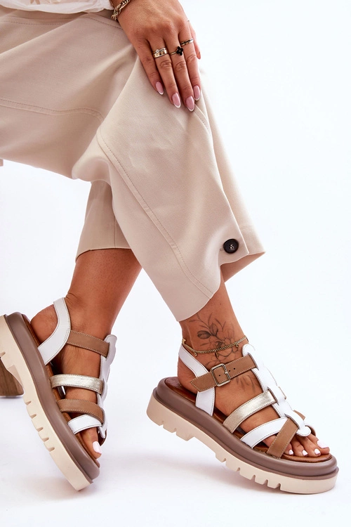 Skórzane Płaskie Sandały Maciejka 06101-11 Biało-Brązowe