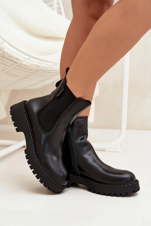 Skórzane Botki Sztyblety Damskie Ocieplane Na Zamek Big Star OO274109 Czarne