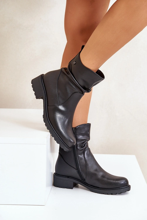 Skórzane Botki Damskie Ocieplane Z Marszczeniem Czarne Vinceza 66714