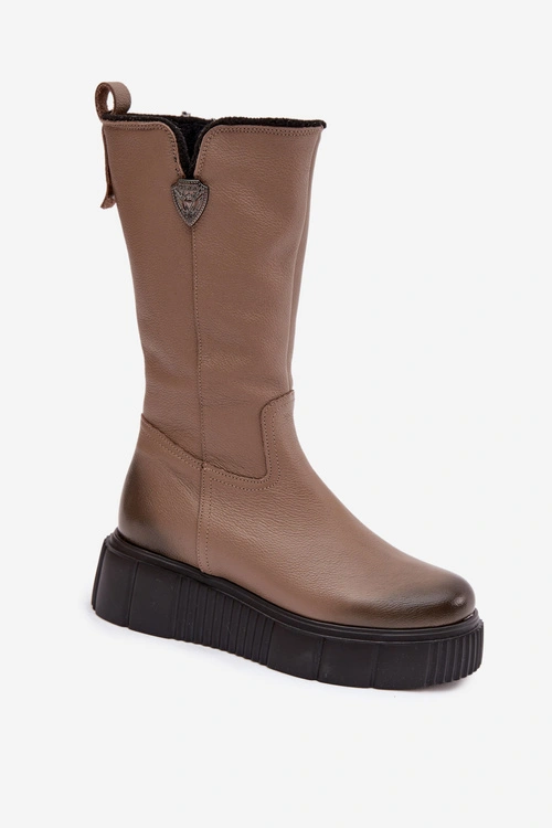 Zazoo 70121 Skórzane Damskie Kozaki Z Wełną Ciemnobeżowe