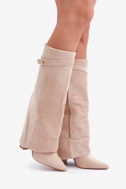 Damskie Kozaki Na Słupku Przed Kolano Jasnobeżowe Portora