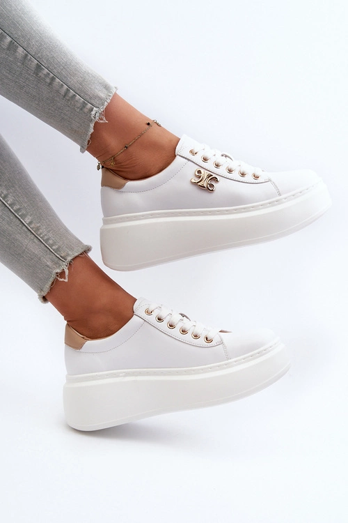 Skórzane Sneakersy Damskie Na Platformie Białe Pernalia