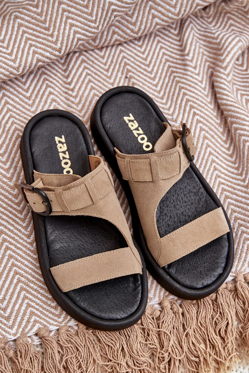 Zamszowe Klapki Damskie Na Platformie Zazoo 3024 Beżowe