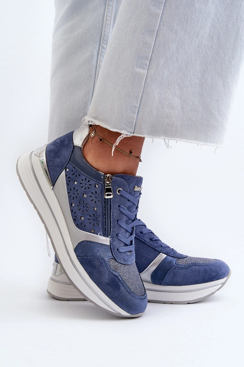 Sneakersy Damskie Na Platformie Z Ażurowym Wzorem I Brokatem INBLU IN000372 Niebieskie