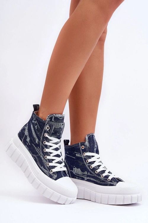 Damskie Wysokie Materiałowe Trampki Granatowe Degas