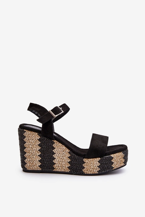 Sandały Damskie Na Koturnie Z Plecionką Czarne Reviala