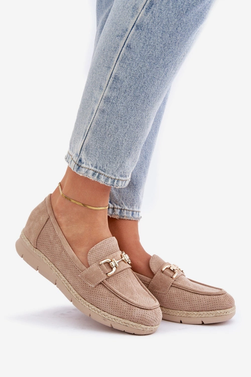 Ażurowe Mokasyny Ze Złotym Detalem I Jutową Plecionką Beżowe Lainer
