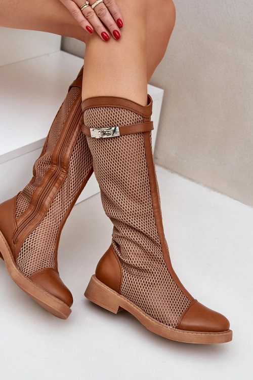 Siateczkowe Kozaki Na Płaskim Obcasie Do Połowy Łydki Brązowe Asgerda