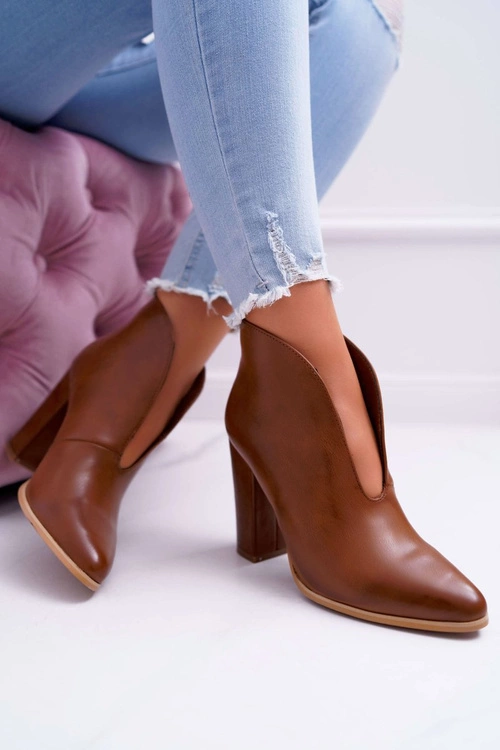 Botki Damskie Na Słupku Wsuwane z Wycięciami Brązowe Mantana