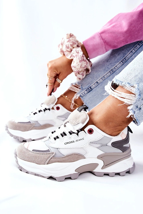 Sportowe Damskie Buty Cross Jeans Biało Szare II2R4020C