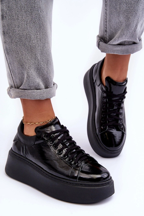 Damskie Buty Sportowe Lakierowane na Platformie Czarne Lemar 10150