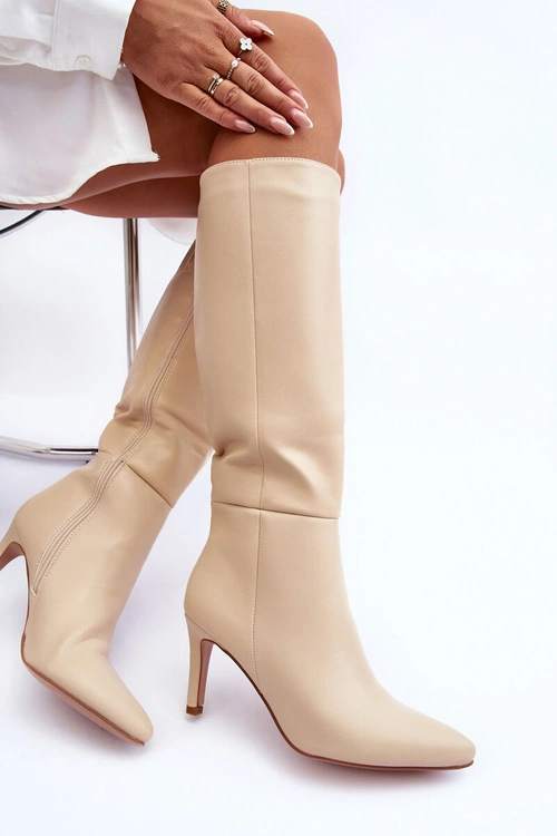 Skórzane Kozaki Na Szpilce Przed Kolano Beżowe Serpens