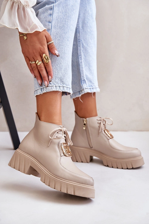 Zazoo 2952 Skórzane Botki Ze Złotą Ozdobą Beżowe