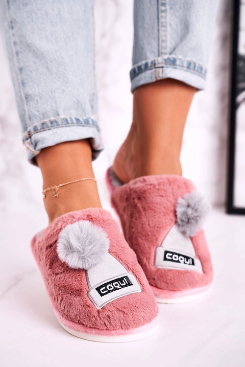 Damskie Futrzane Papcie Z Czapką I Pomponem Pudrowy Róż Keep Warm