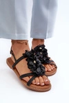 Sandały Damskie Płaskie Ozdobione Kwiatkami Czarne Abidina