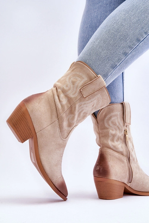 Zamszowe Botki Kowbojki Beżowe Klaira